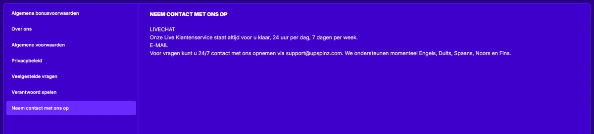 upspinz casino klantenservice